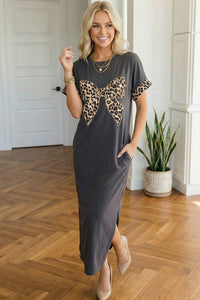 Leopard Bow Short Sleeve T Shirt Maxi Dress