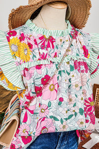 Floral Contrast Ruffle Trim Short Sleeve Blouse