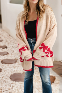 Bow Pattern Textured Open Front Baggy Cardigan