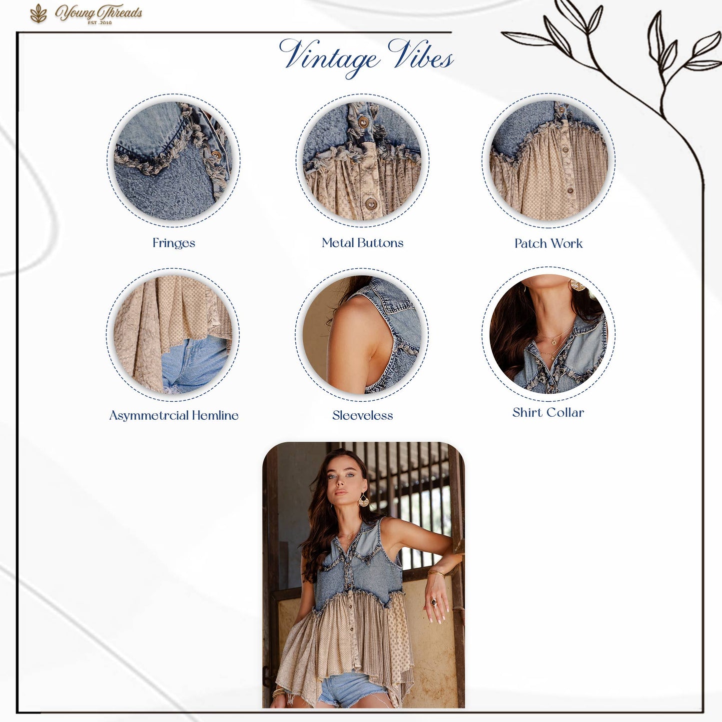 Distressed Boho Western Denim W/Ruffles Sleeveless Tunic Top