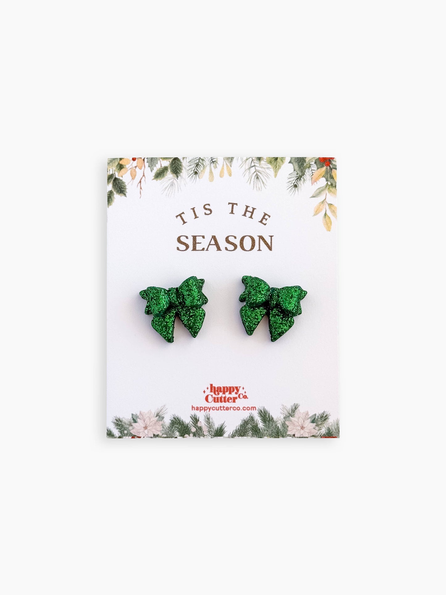 Christmas Studs - Green Glitter Bow Holiday Stud Earrings