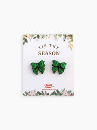 Christmas Studs - Green Glitter Bow Holiday Stud Earrings