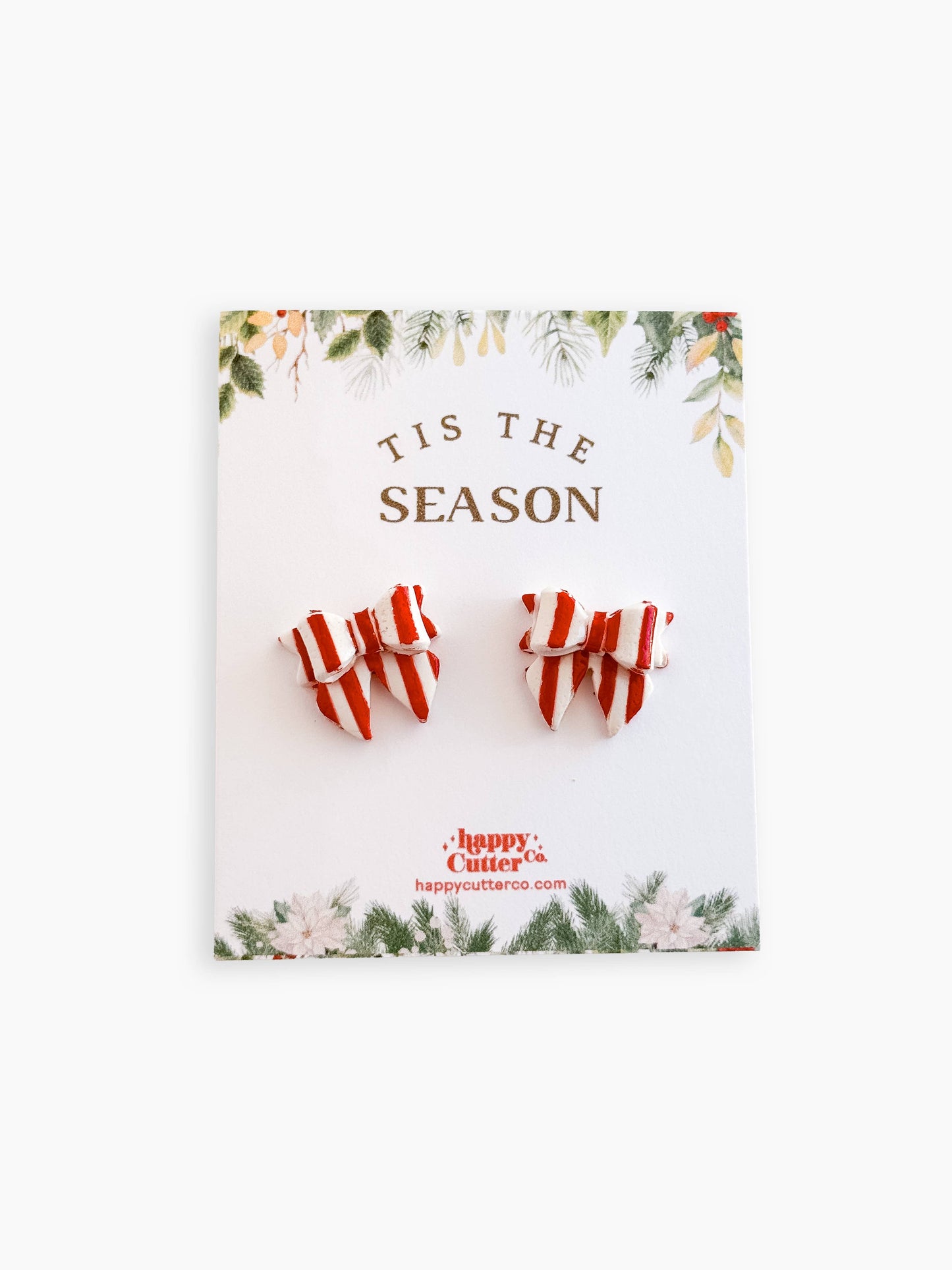 Christmas Studs - Red & White Striped Bow Holiday Earrings