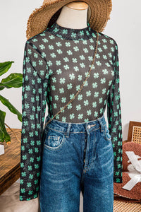 St Patrick Shamrock Long Sleeve Mesh Bodysuit