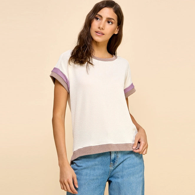 Solid Ribbed Top with Contrast Details