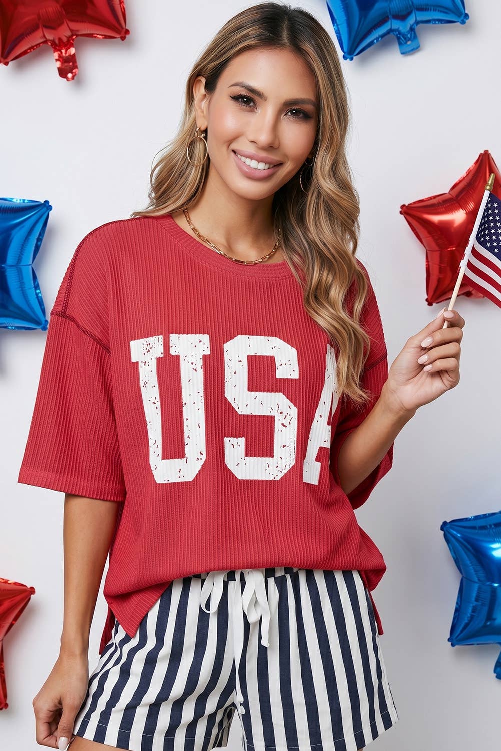 4th of July USA Graphic Half Sleeve Ribbed Top
