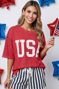4th of July USA Graphic Half Sleeve Ribbed Top