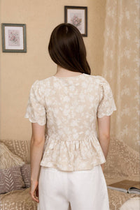 Floral Embroidery Front Tie Scalloped Peplum Top