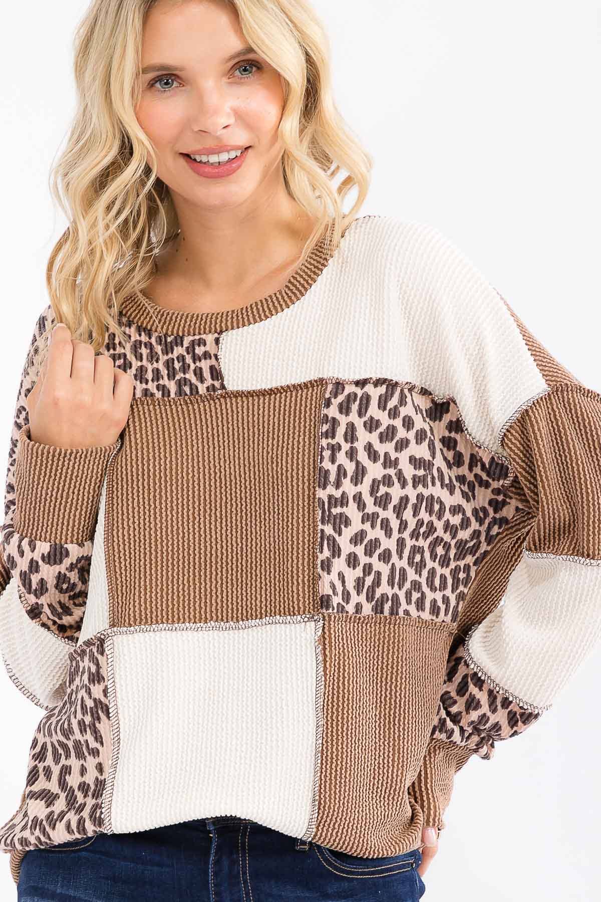 Leopard Patchwork Color Block Rib Knit Top