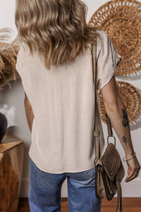 Geometric Embroidered Short Sleeve Tassel Tied Blouse