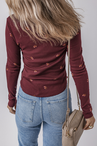 Notched Neck Floral Print Ribbed Long Sleeve Top