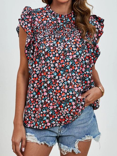 Smock Collar Ruffle Print Casual Top