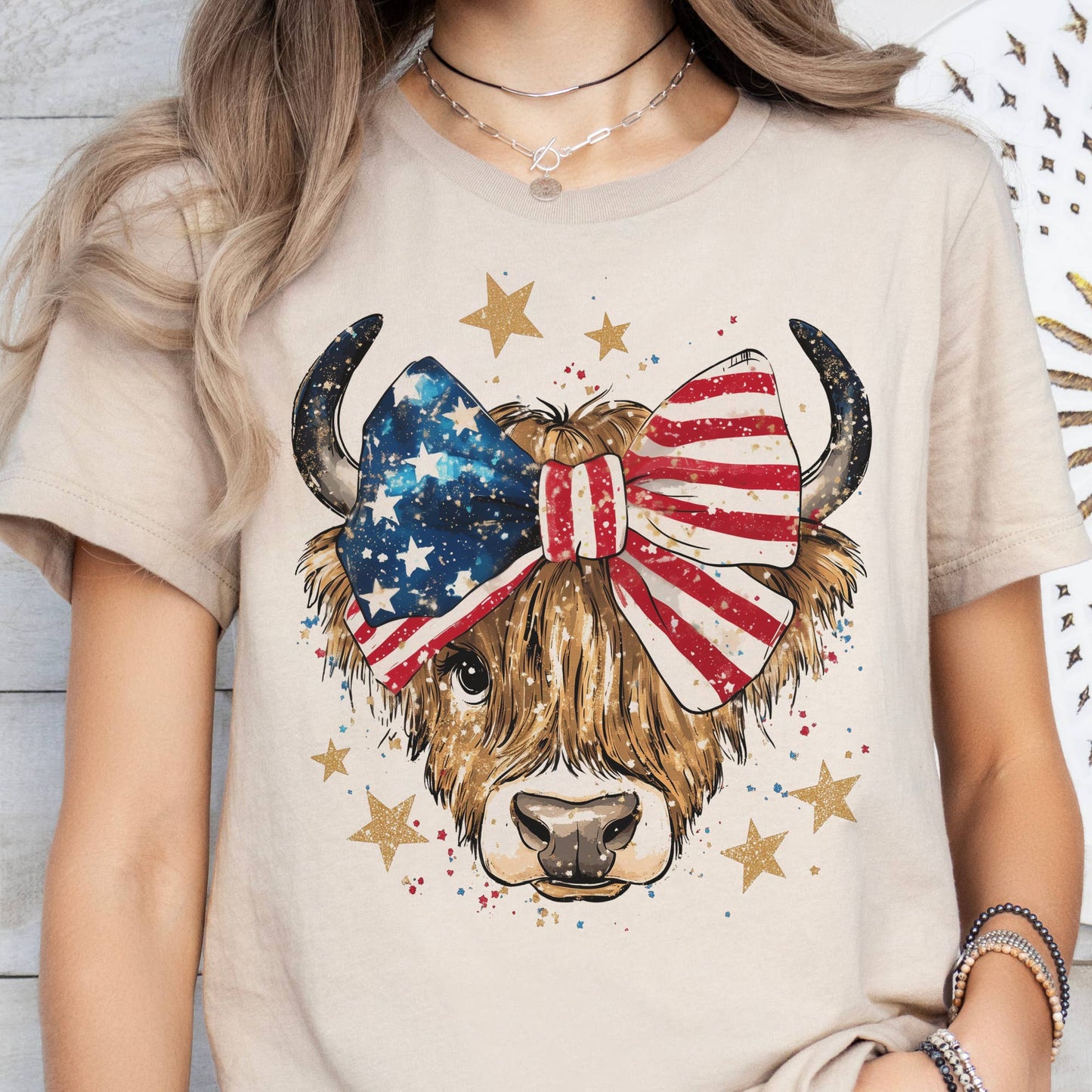 Patriotic Highland Cow USA Bow Graphic Tee