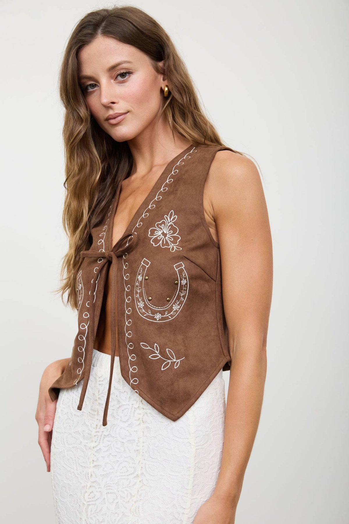 Horseshoe Embroidery Front Tie Vest