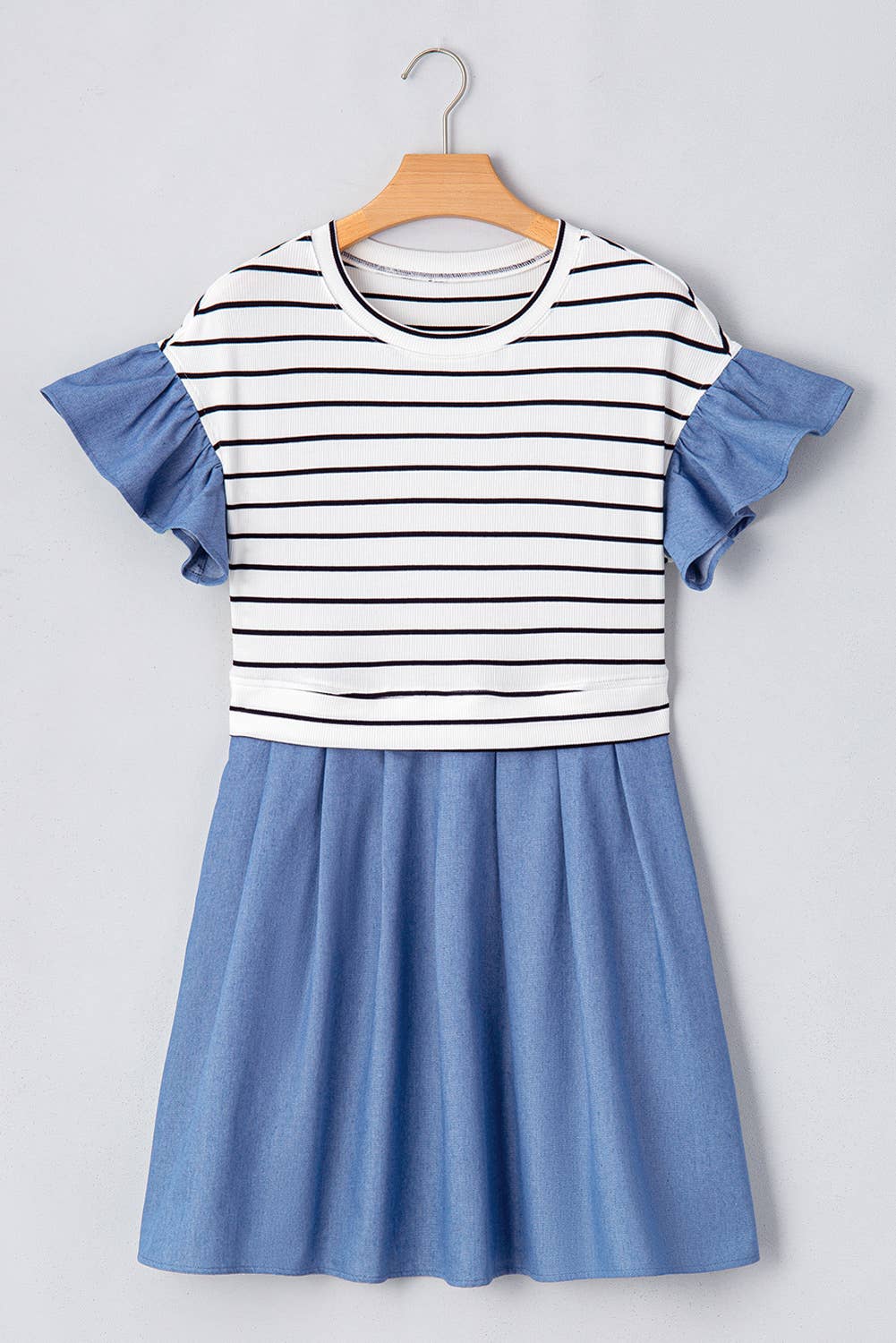 Stripe Ruffled Sleeve Denim Patchwork Mini Dress
