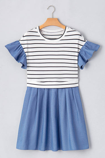 Stripe Ruffled Sleeve Denim Patchwork Mini Dress
