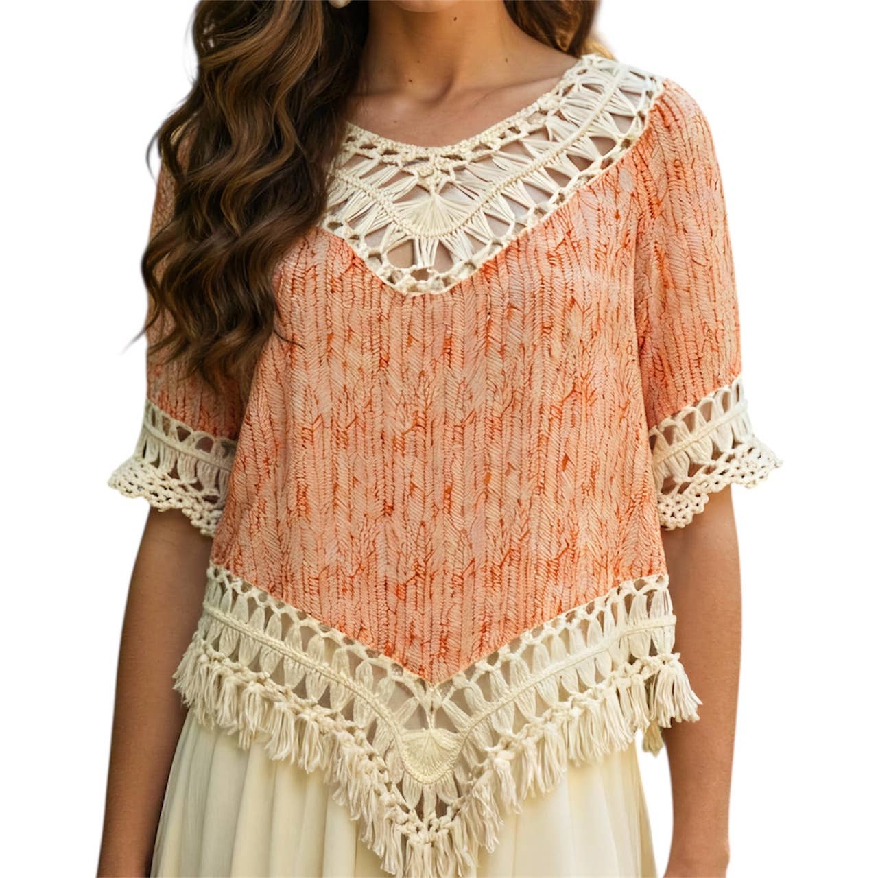 Shania Crochet Drape Blouse in Coral Navajo Print