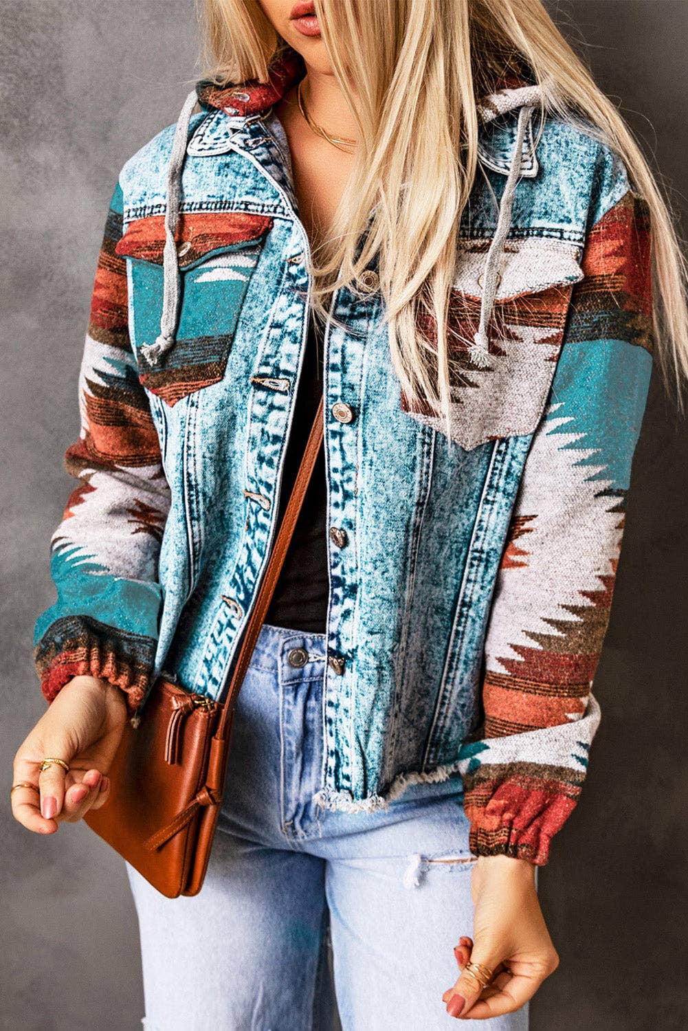 Aztec Denim Frayed Hem Jacket