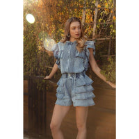 Denim Washed Pintuck Detail Ruffled Shorts