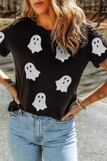 Glitter Ghost Pattern Crew Neck Halloween Graphic Shirt