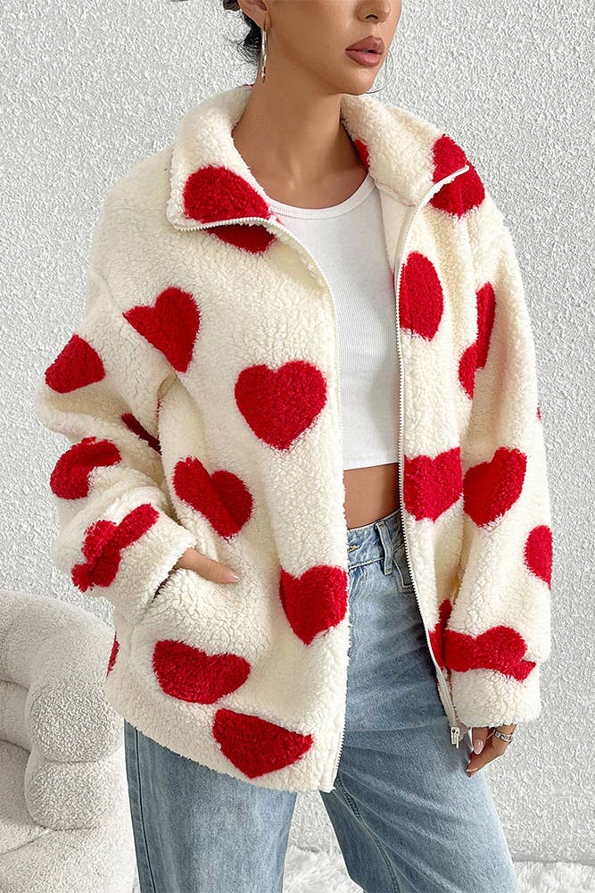 Valentine Heart Pattern Zipper Front Winter Fleece Coat