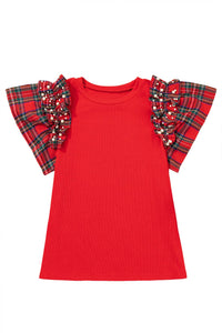 Plaid Pearl Ruffle Short Sleeve Blouse