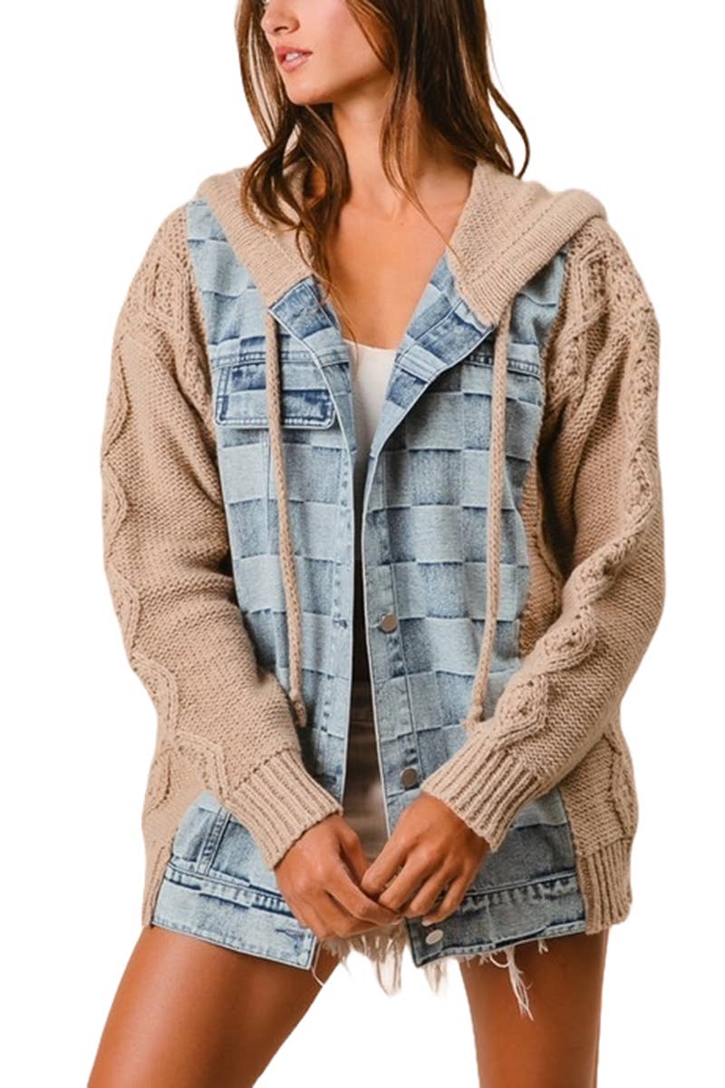 Washed Checker Denim And Sweater Hooded Jacket