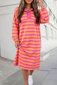 Stripe Long Sleeve Polo Neck Midi Dress