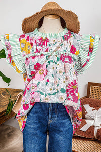 Floral Contrast Ruffle Trim Short Sleeve Blouse