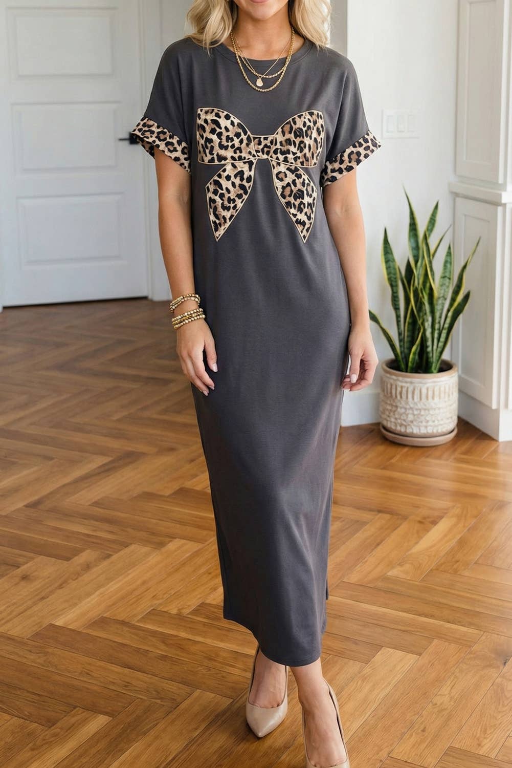 Leopard Bow Short Sleeve T Shirt Maxi Dress