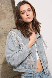 Chevron Fringe Studded Sparkle Denim Jacket