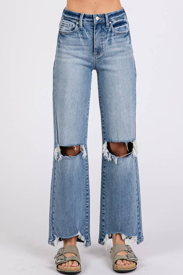 High Rise Stretch Slim Wide Leg W/ Destroyed Hem