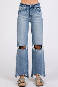 High Rise Stretch Slim Wide Leg W/ Destroyed Hem