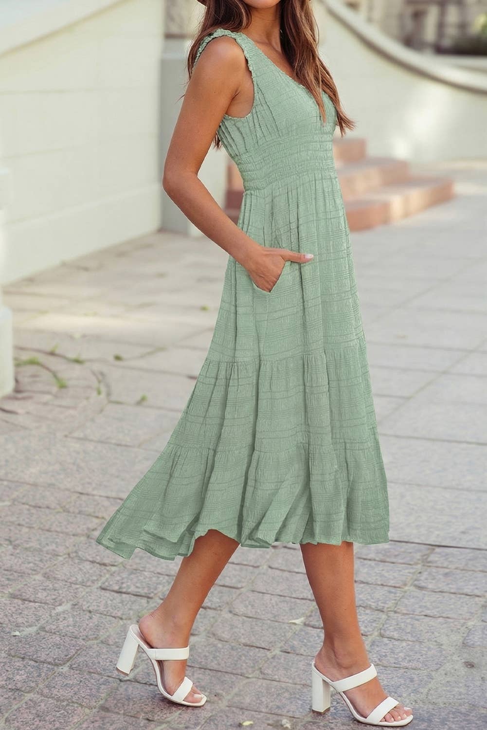 Shirred Pleated Square Neck Sleeveless Midi Dress