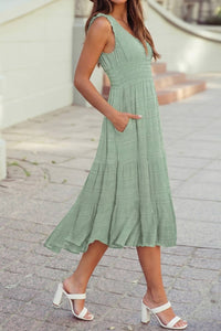 Shirred Pleated Square Neck Sleeveless Midi Dress