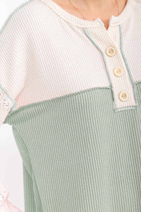 Two Tone Rib Knit Lace Sleeve Henley Top