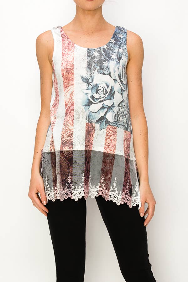 Soft Relaxed Tank with Delicate Floral Laced Hem