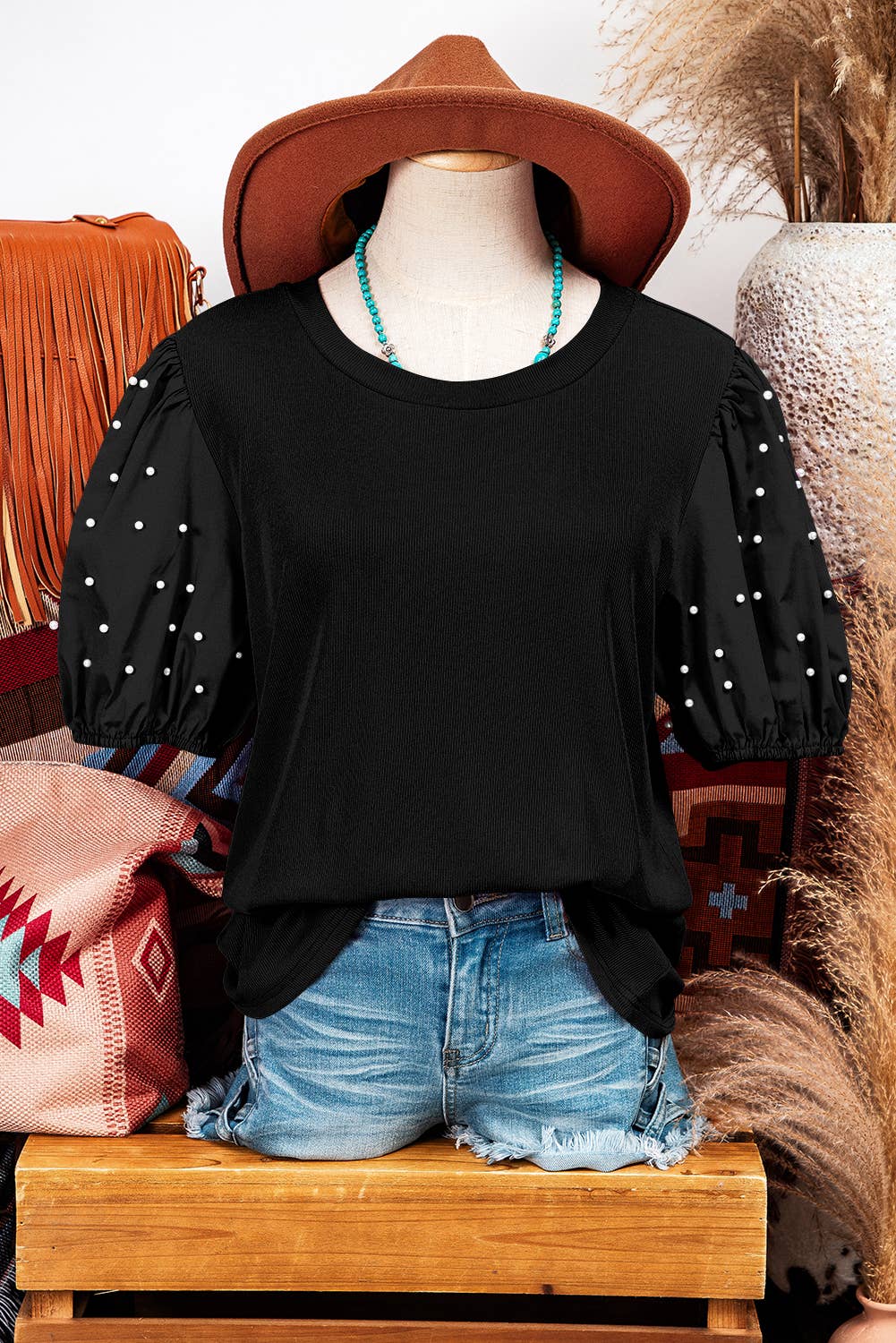 Ribbed Pearl Beaded Puff Sleeve Top