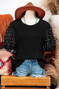 Ribbed Pearl Beaded Puff Sleeve Top