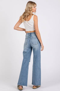 High Rise Stretch Slim Wide Leg W/ Destroyed Hem
