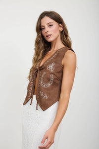 Horseshoe Embroidery Front Tie Vest