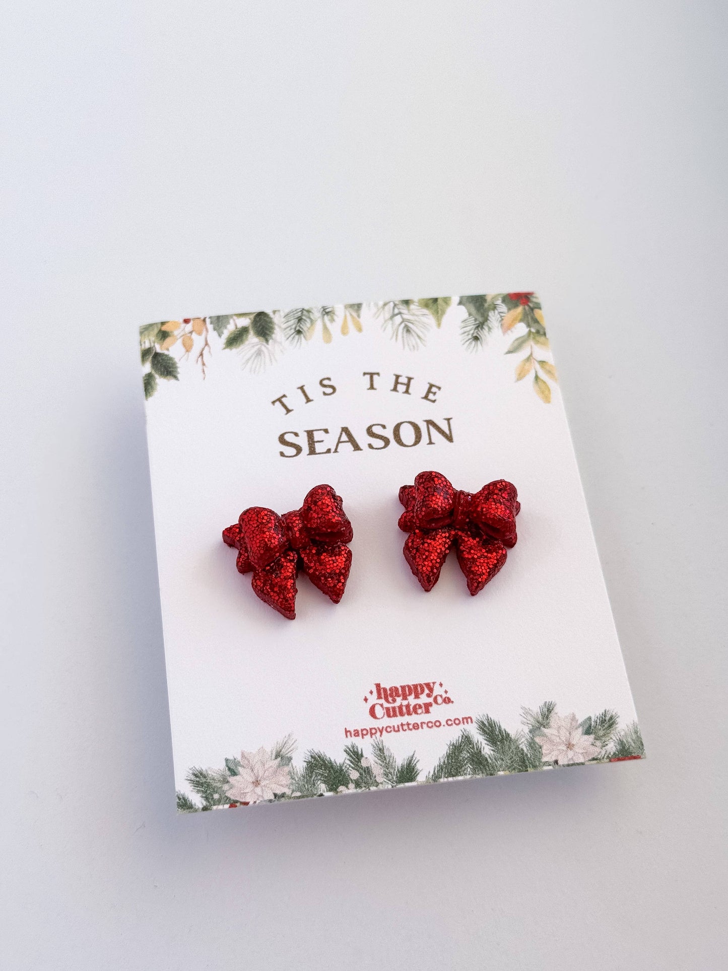 Christmas Studs - Red Glitter Bow Holiday Stud Earrings