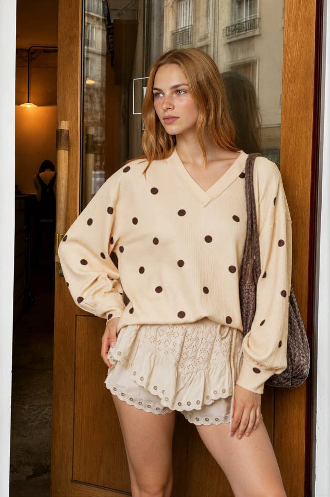 Polka Dot Long Sleeve Textured Top
