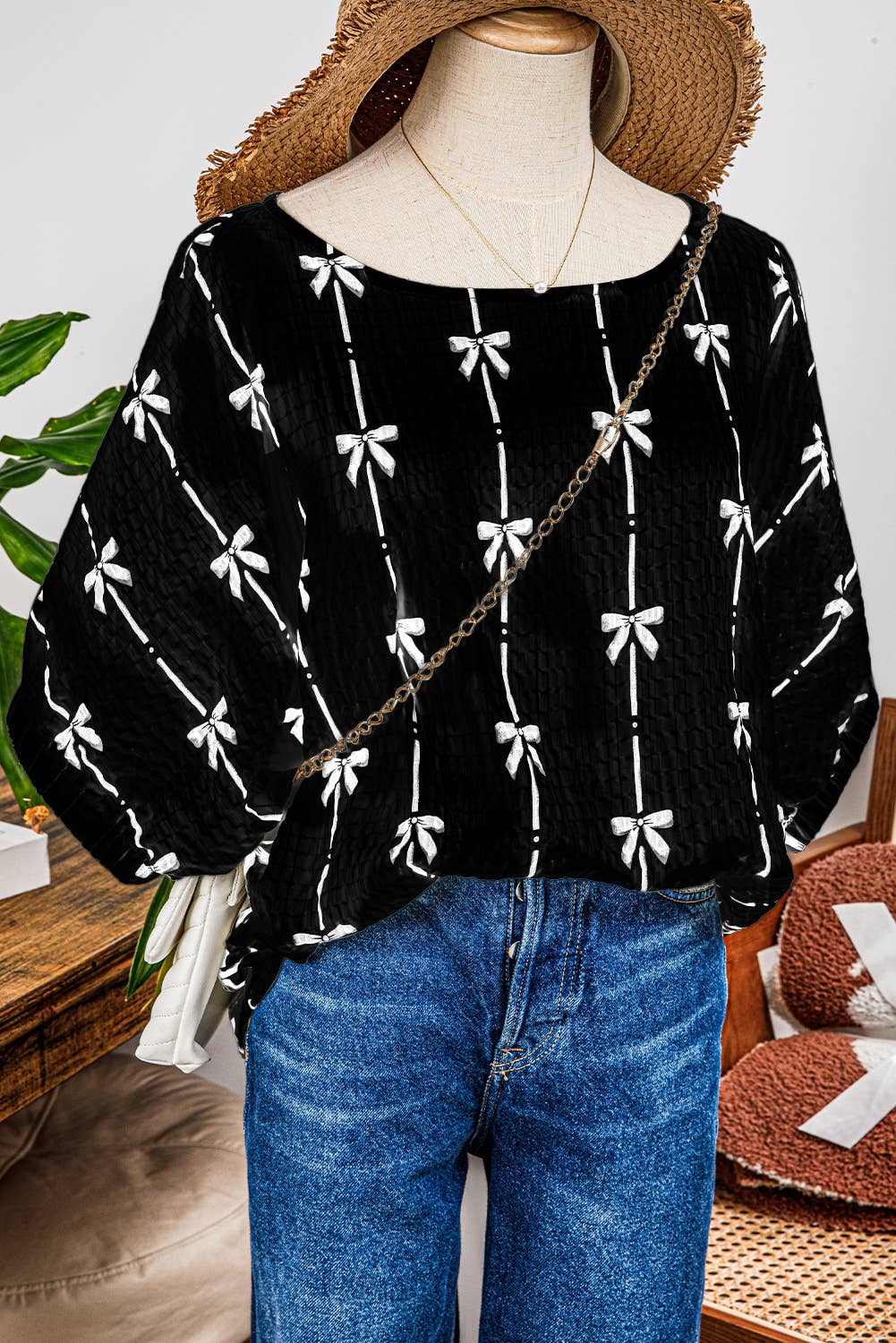 Bow Print Puff Short Sleeve Top