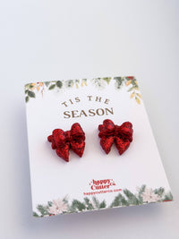 Christmas Studs - Red Glitter Bow Holiday Stud Earrings