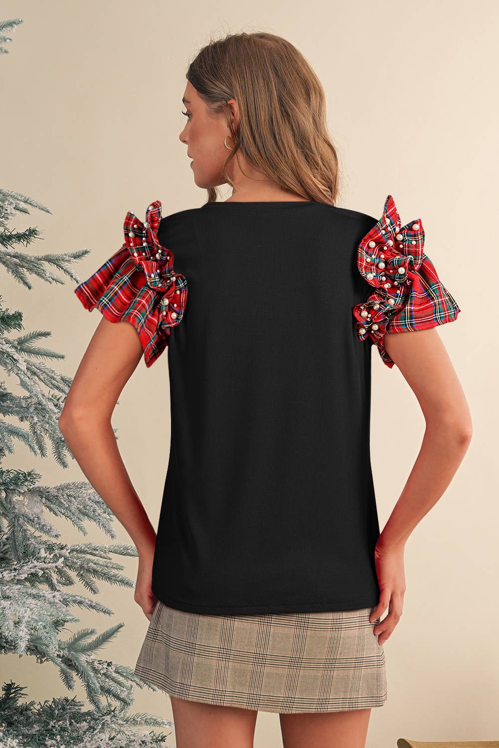Plaid Pearl Ruffle Short Sleeve Blouse
