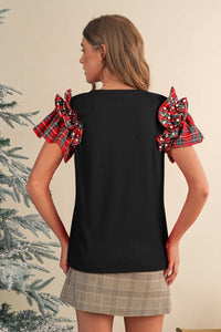 Plaid Pearl Ruffle Short Sleeve Blouse