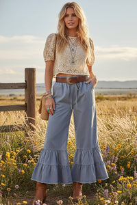 Stone Washed Woven Tiered Ruffle Wide Leg Pants