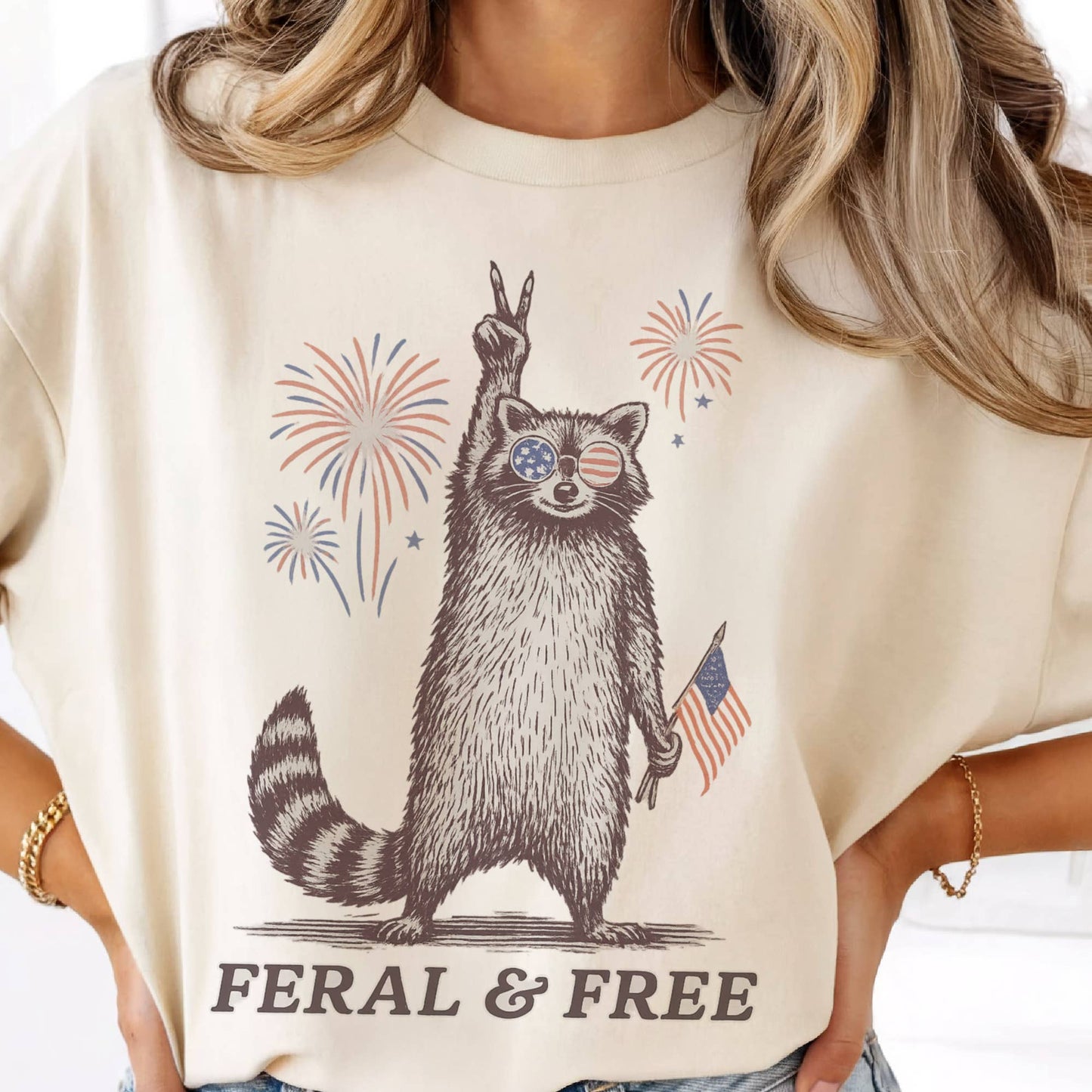 Feral And Free Racoon America Patriotic 4th of July Tee