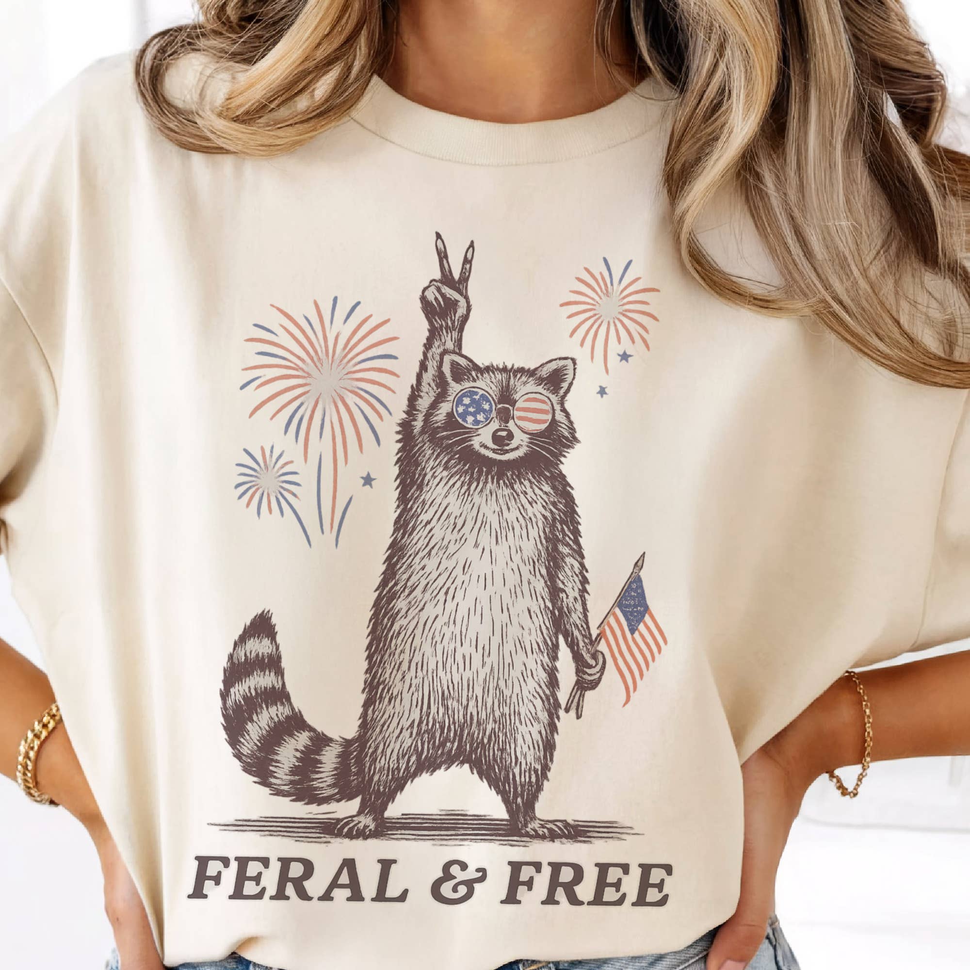 Feral And Free Racoon America Patriotic 4th of July Tee
